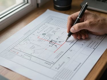 Close-up overhead of a hand marking zones on a printed field map, a pen resting on annotated columns of data, natural window light from the left, modest office table surface visible