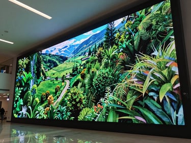Environmental shot of a large LED videowall installed in a corporate lobby, content actively displayed, cool architectural lighting from above, no people in frame