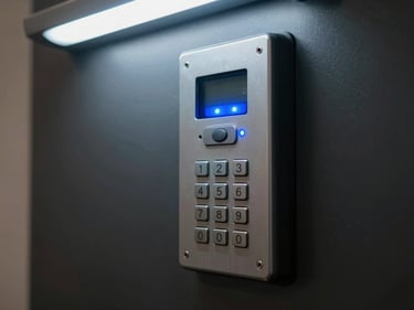 Close-up of an access control panel with card reader and keypad mounted on a dark wall, blue LED indicator active, cool overhead lighting, no people