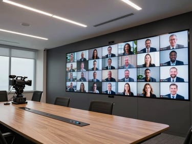 Wide architectural shot of a corporate meeting room with active videoconferencing display on the wall, camera and codec rack visible, cool even overhead lighting, no people