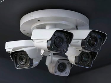 Close-up overhead shot of a security camera cluster mounted on a ceiling bracket, cool white ambient lighting, precision hardware detail visible, dark background