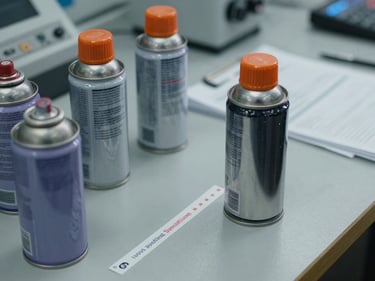 Close-up of liquid penetrant testing aerosol cans and a sensitivity comparison strip on a grey workbench, cool north-facing light, safety-orange cap color prominent, inspection documentation visible in background
