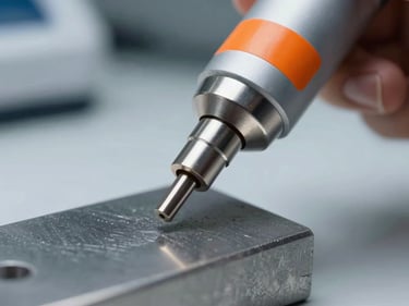 Extreme close-up of an ultrasonic probe tip pressed against a steel reference block on a workbench, cool studio lighting, metallic sheen on probe connector, safety-orange frequency label visible on the transducer body