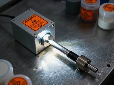 Overhead shot of magnetic particle testing yoke and UV lamp laid out on a dark steel surface, cool backlighting highlights the metallic housing and safety-orange warning labels, consumable powder containers visible at frame edge
