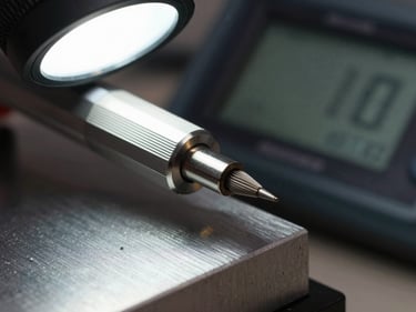 Extreme close-up of an eddy current probe pencil tip beside a calibration standard block, cool studio strobe from above, metallic surface texture sharp in focus, digital readout screen blurred in background
