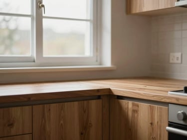 Close-up architectural detail of a shared home kitchen, overcast window light on cabinetry and countertop edge, clean and empty, warm wood tones, precise framing