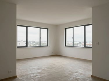 Wide environmental shot of a two-bedroom apartment from the living room doorway, overcast daylight through large windows, pale walls and clean floors, empty and architectural