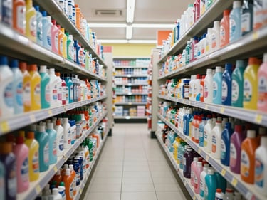 Wide aisle shot of household product shelves in a brightly lit convenience store, cleaning products and personal care items in rows, straight-on perspective