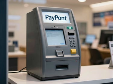 Close-up straight-on shot of a PayPoint terminal on a shop counter, clean ambient store lighting, minimal background, functional and clear
