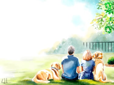 Children's Book Illustration Watercolor family sitting in grass with golden retrievers dog peaceful