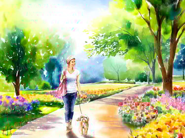 Children's Book Illustration All I Gained girl walking dog in park colorful watercolor artwork art