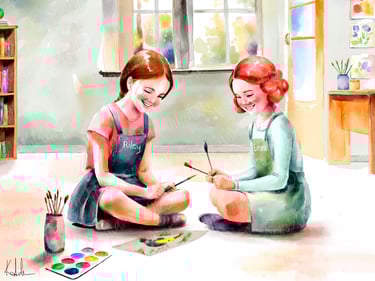 illustration watercolor style two girls sitting on floor painting in classroom artwork art