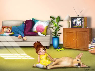 Children's illustration whimsical little girl and god bored babysitter napping funny artwork art illustrator living room