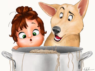 Children's Book Illustration Girl and dog looking into big pot of spaghetti cooking artwork art illustrator cartoon