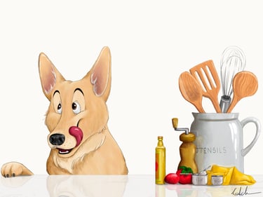 Illustration of happy dog at kitchen counter ready to help cook artwork illustration