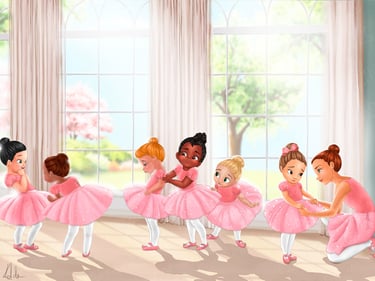 Children's Book Illustration Sunny Windows Ballet Ballerina Dance Studio Friends teacher Illustrated Artwork Art