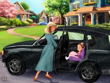 Children's Book Illustration mother helping daughter out of car suburban home going to ballet class artwork art