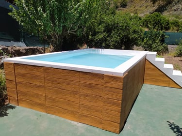 a wooden hot tub with a wooden deck and a pool