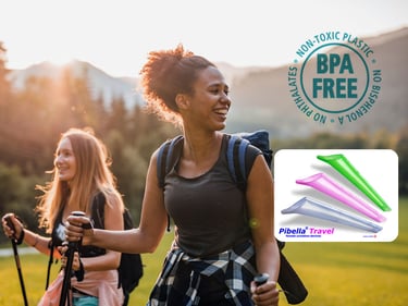 Two women enjoying a hike with their BPA-free Pibella FUDs, available in three colors.