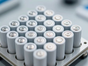 Macro close-up of EV battery cell array, cylindrical cells tightly packed in a precision module, bright clinical overhead lighting, no people, cool white tones, engineering detail visible