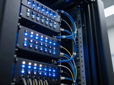 Tight close-up of dense server rack interior, blinking status LEDs in electric blue and white, cables precisely routed, bright overhead lighting, no people, clinical and precise