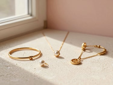 An editorial shot of elegant gold jewelry and accessories arranged on a textured plaster background.