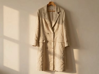 Medium-close editorial shot of a tailored beige linen dress hanging against a minimalist cream plaster wall, soft golden-hour light, 35mm.