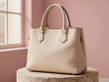 Close-up of a structured leather handbag on a stone pedestal, warm diffused window light, dusty pink background, shallow depth of field.