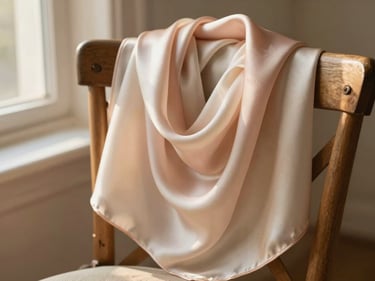 Delicate silk scarf draped softly over a wooden chair, light breeze, warm morning light, highlighting rich fabric textures.