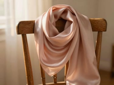 A delicate dusty rose silk scarf draped softly over a wooden chair, catching warm golden-hour light.