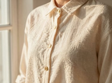 Close-up of a softly structured cream linen blouse, delicate gold button details, warm window light.