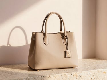 A minimalist structured leather handbag in sand beige resting on a travertine stone surface, soft shadows.