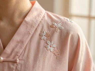Macro detail of elegant embroidery on a soft pink garment, warm golden-hour light, 35mm photography.