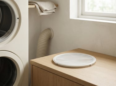 Không gian giặt đồ tối giản với máy sấy quần áo và lưới lọc xơ vải, ánh sáng tự nhiên