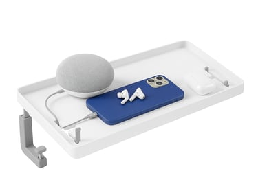 Wooden charging dock with phone watch and AirPods on white