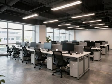Wide shot of a newly fitted professional office space — rows of workstations with monitors, clean floor, technical ceiling with integrated lighting, no people, natural daylight from large windows on one side