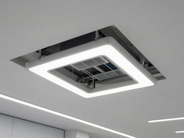 Overhead view of a completed suspended technical ceiling — recessed LED panels, ventilation grilles, and cable trays visible through open access hatch, clean geometry, bright ambient light, empty professional space below