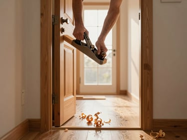 Carpenter's hands guiding a hand plane along a teak door edge in a home corridor, golden morning light from an open doorway, fine wood shavings curling on the floor