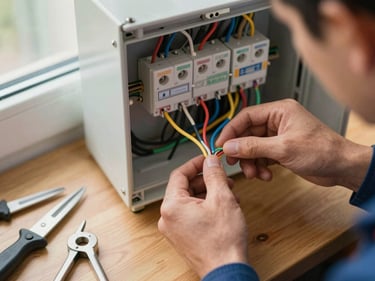 Overhead close-up of an electrician's hands connecting colour-coded wires inside an open consumer unit, natural daylight from nearby window, tools laid on a wooden surface beside the panel