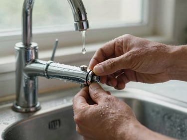 Close-up of weathered hands tightening a tap washer under a kitchen sink, soft daylight filtering through a frosted window above, water droplets visible on chrome pipework