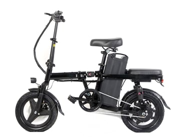 a black and white electric bike with a black seat