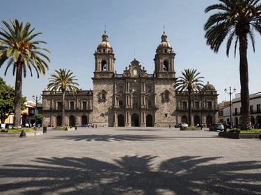 Wide shot of Plaza de Armas in Santiago at midday, colonial facade and palm trees framing the open square, sharp shadows on stone pavement, minimal foot traffic, clear sky