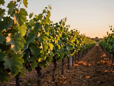 Close-up of vineyard rows at Concha y Toro in Pirque at golden hour, deep green vine leaves catching warm light, ochre soil between rows, low horizon, no people