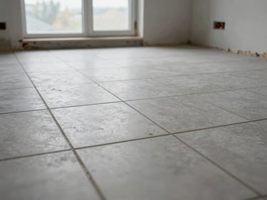 Interior renovation in progress, new ceramic tile floor being laid in a residential room, overcast window light, no workers posing—detail of tile alignment and grout lines