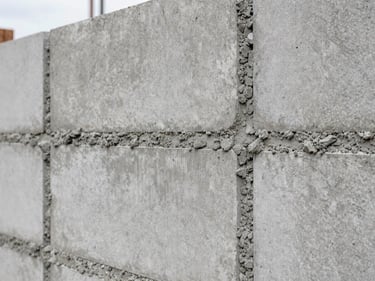 Close-up of fresh concrete block wall under construction, trowel marks visible on mortar joints, overcast daylight revealing texture and precision