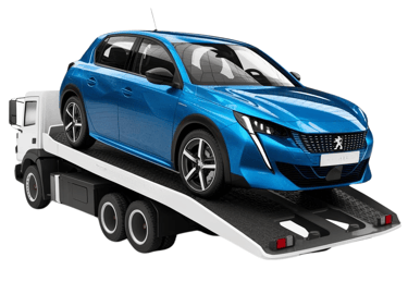 Peugeot 308 bleue sur une dépanneuse blanche,pour un transport automobile