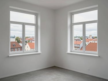 Corner apartment bedroom in Klaipėda, two windows with city rooftop view, overcast Baltic daylight, white walls, empty except for a window ledge, clean and spacious feel