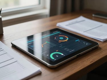 Close-up of a tablet displaying energy consumption dashboard charts on a hotel back-office desk, soft north-facing window light, printed reports partially visible alongside