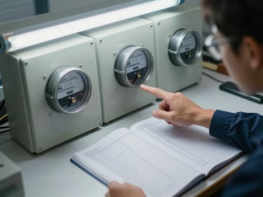 Overhead view of a hotel energy meter panel and utility logbook open on a maintenance workbench under fluorescent working daylight, a technician's hand pointing at a reading