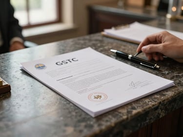 Close-up of a GSTC certification document resting on a hotel reception desk under warm window light, a pen beside it, hands just visible at the edge of the frame